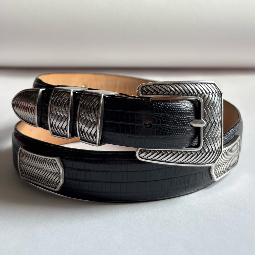 Genuine Italian Calfskin Dress Belt Silver-Lizard Black Size 32